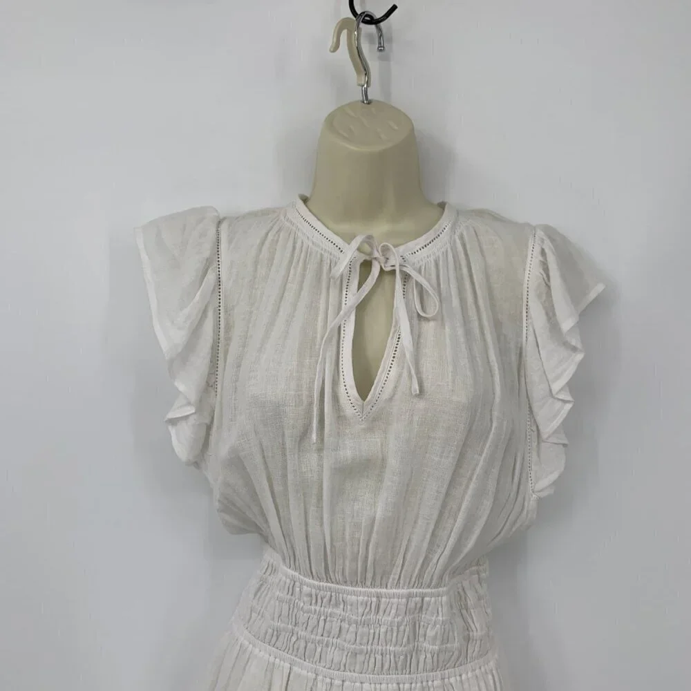 Rails Iona dress midi white lace eyelet linen floaty tie bow cottagecore new M